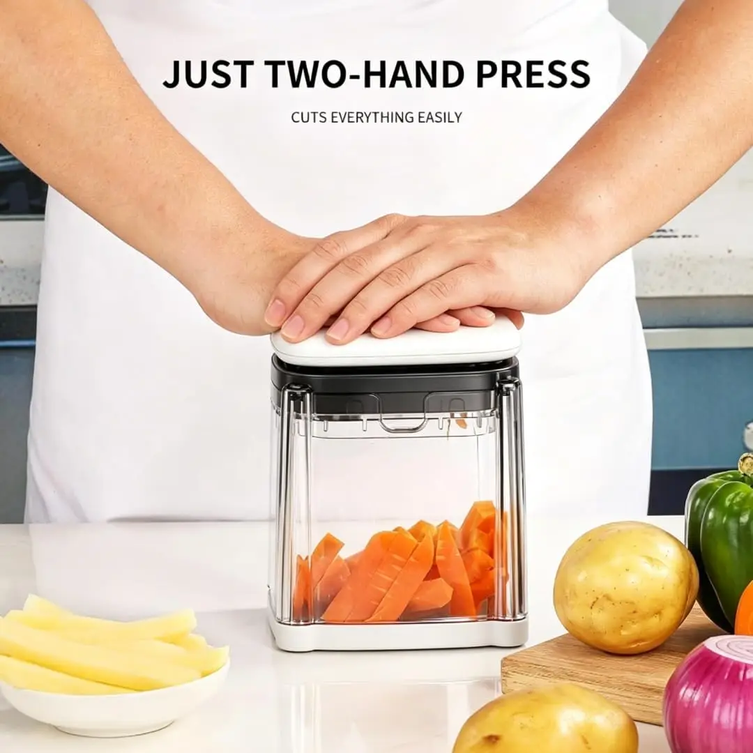 Multifunctional Vegetable Chopper Bowl, Potato French Fry Cutter with 2 Interchangeable Blades & Container, Food Chopper