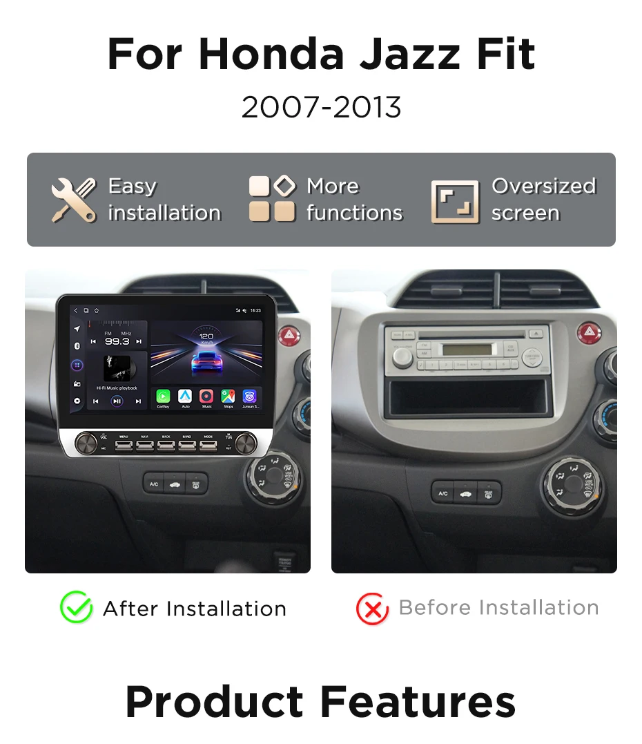 Junsun 10,1-Zoll-Autoradio für HONDA FIT JAZZ 2007-2013, kabelloses CarPlay, Android Auto, intelligente Systeme, IPS-Touchscreen mit physischen Tasten, DSP, GPS-Navigation, WiFi, DAB+, RDS, FM/RAM, BT, SWC, Plug-and-Play, 2DIN-Multimedia-Player – Detail 5