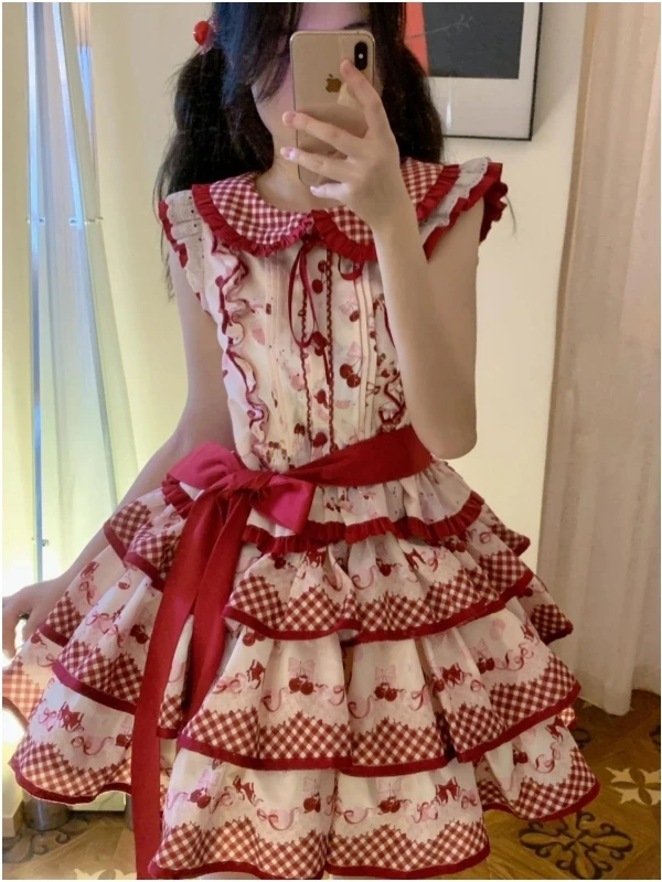 صيف جديد الحلو لوليتا طباعة عقدة منقوشة دمية طوق الدكتور الخصر Cinched رقيق تنورة Princ Sle ort Dr #2