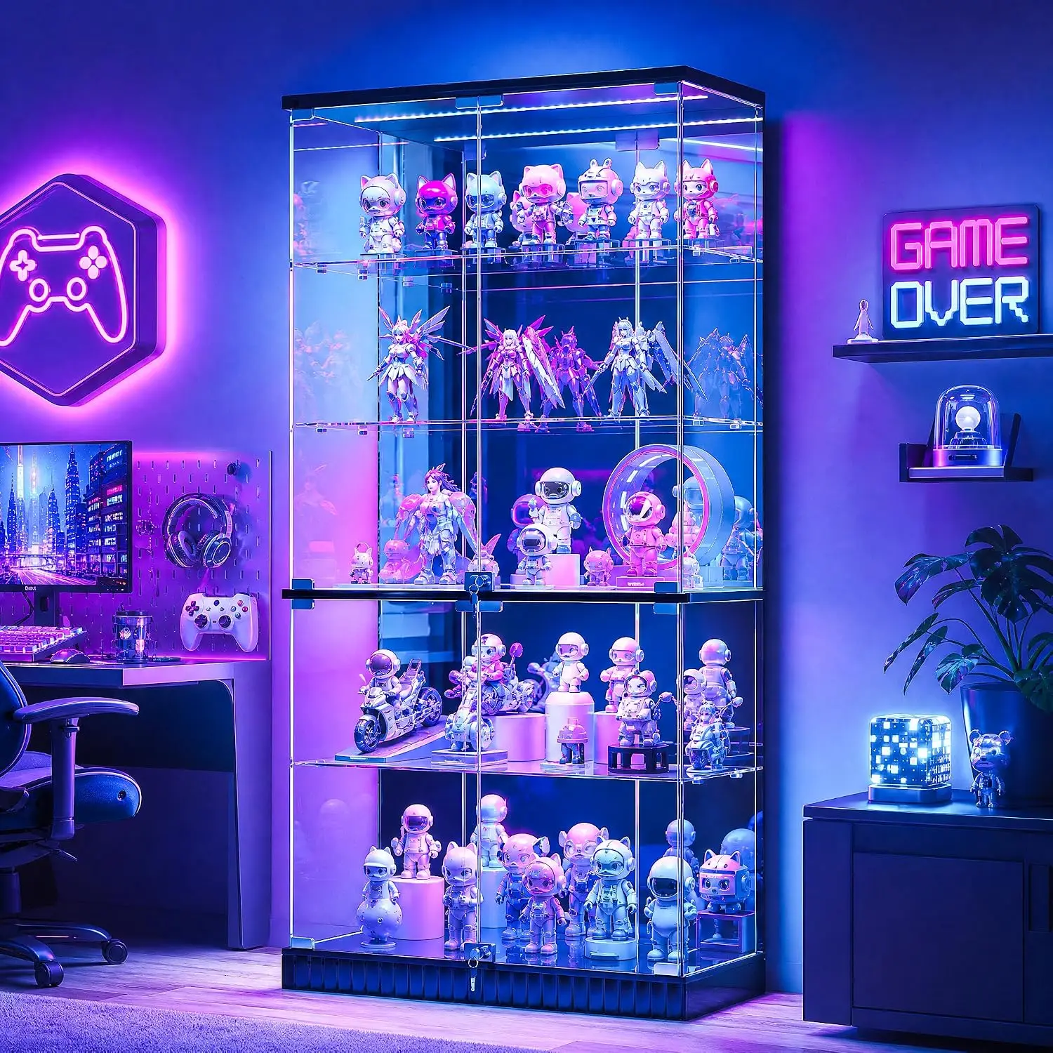 Glass Display Cabinet with RGB Lights - 5-Tiers Curio Cabinet Display Case with Lock, Frameless Display Shelf for Collectibles &