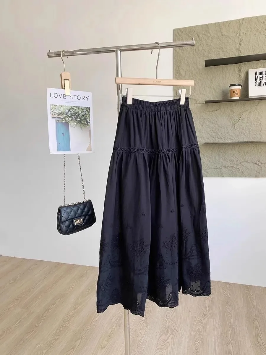 

plus Size Women's High Waist Midi Skirt Embroidered A-Line Casual Summer Slimming Skirts Korean Sle Hollow out Polyester Fiber