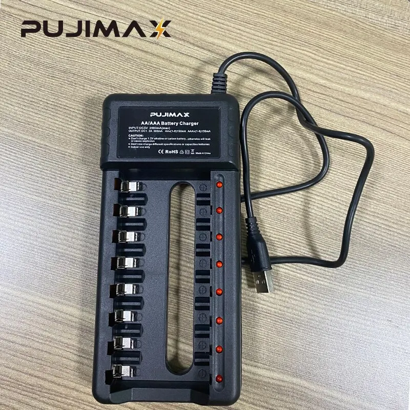 PUJIMAX 8 Slot USB Output Fast Charging Battery Charger Short Circuit Protection Suitable For AA/AAA/Nimh Rechargeable Batteries