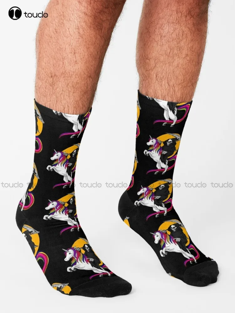 Grim Reaper Riding Unicorn Socks Halloween White Long Socks 360° Digital Print Design Happy Cute Socks  Creative Funny Socks Art