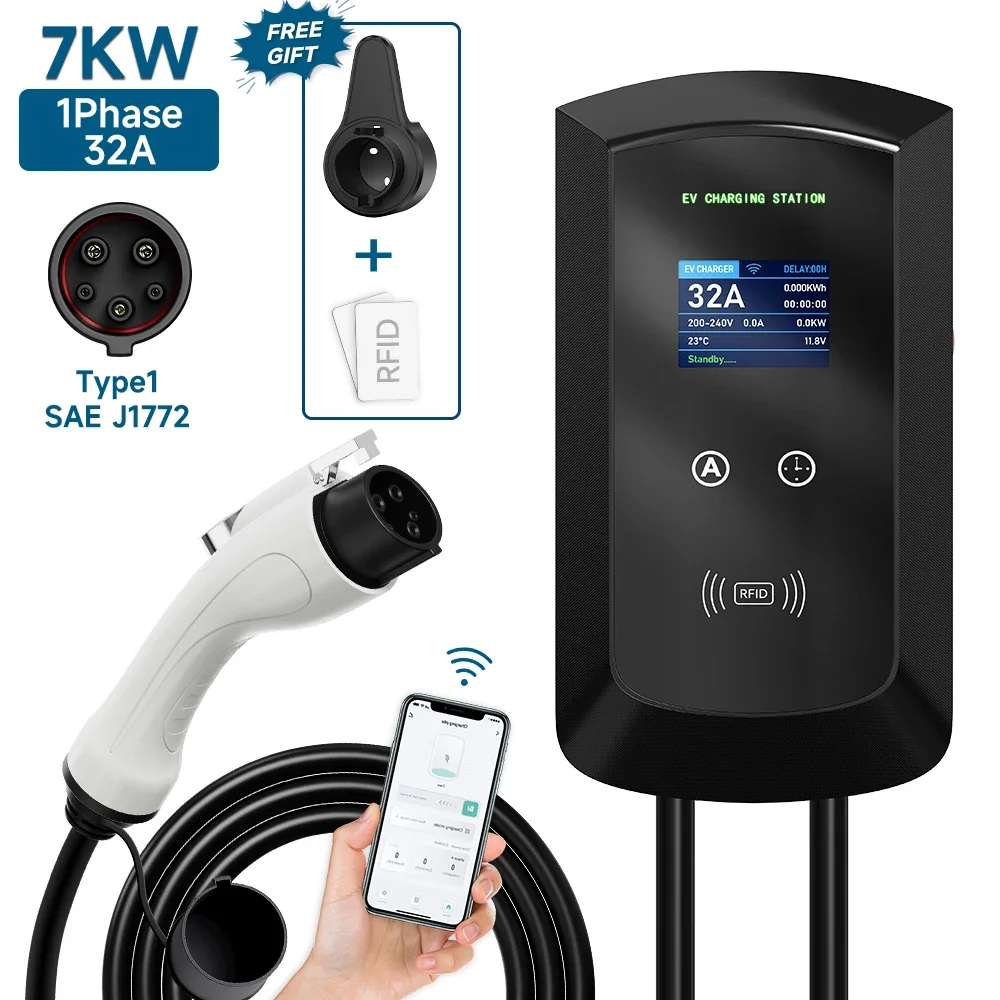 

7KW 32A 1Phase EV Charging Station Type1 SAE J1772 Electric Car Charger EVSE Wallbox Wallmount Charger WiFi APP Remote Control