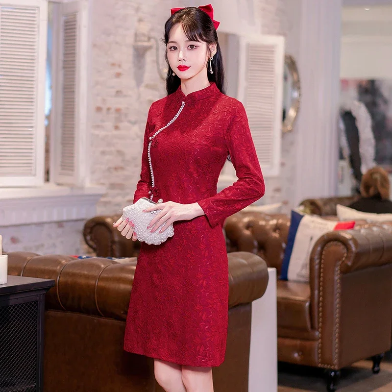 

Asian Modern Improved Long Sleeve Dresses for Women 2023 Retro Classic Chinese Traditional Mom Red Cheongsam Party Clothing