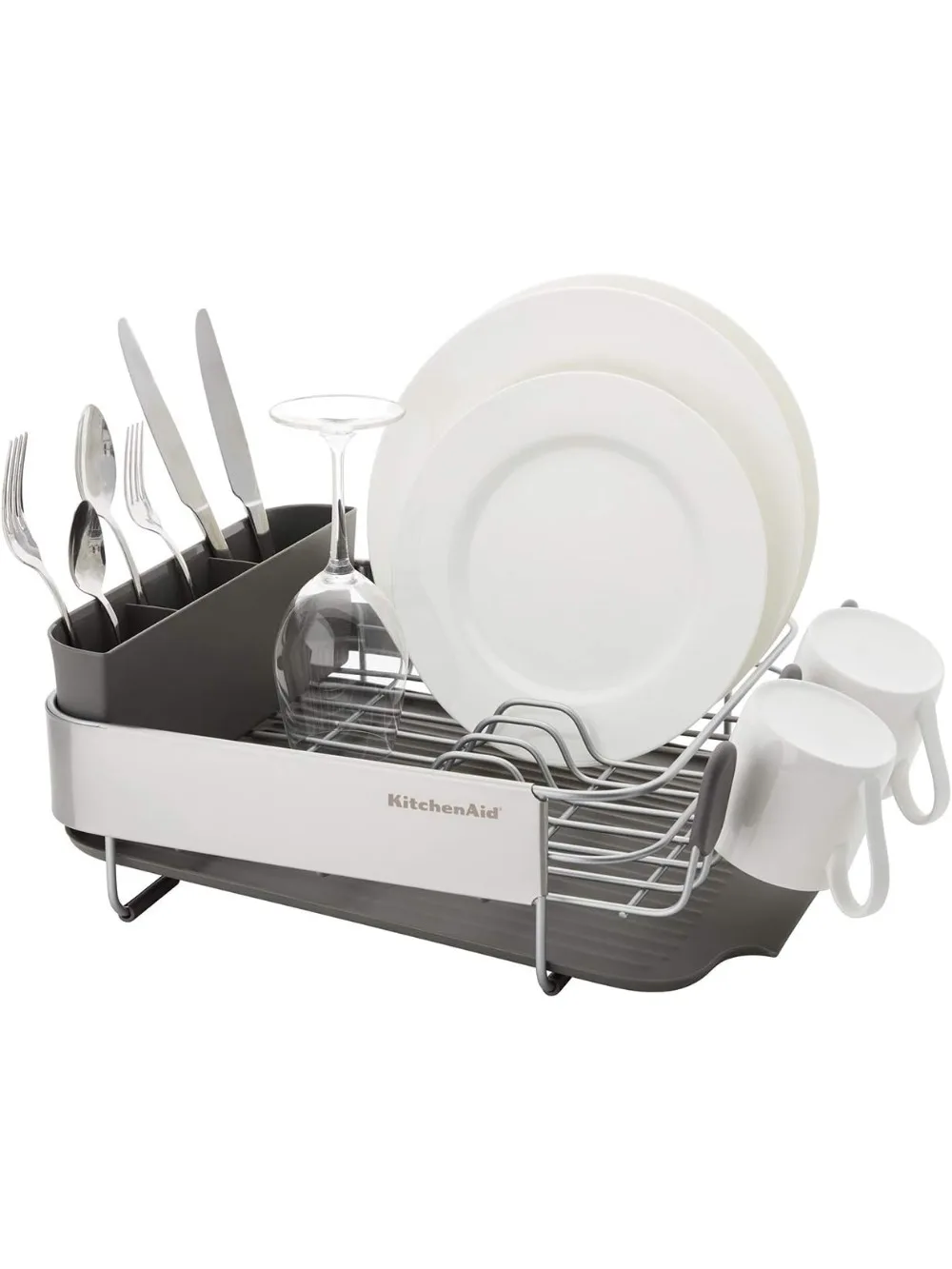 رف أطباق مدمج موفر للمساحة مع لوح تصريف ذاتي الصرف وعلبة أطباق قابلة للإزالة، رمادي 16 بوصة للمطابخ الصغيرة