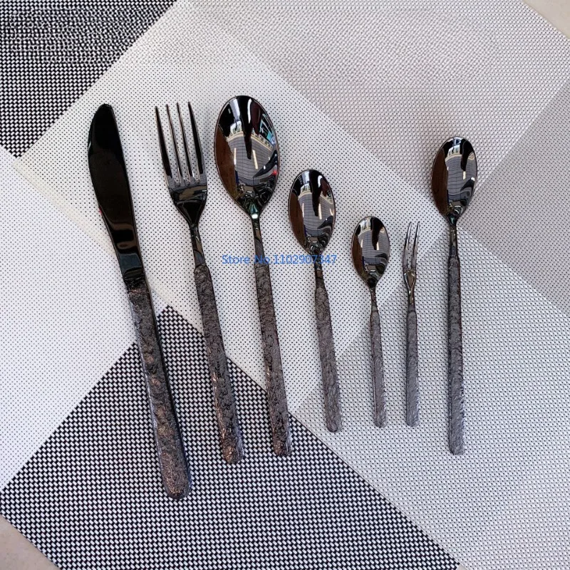 12PCs Black Tableware Western Food Knife Fork  Plated Spoon Kit Stone Pattern Table  