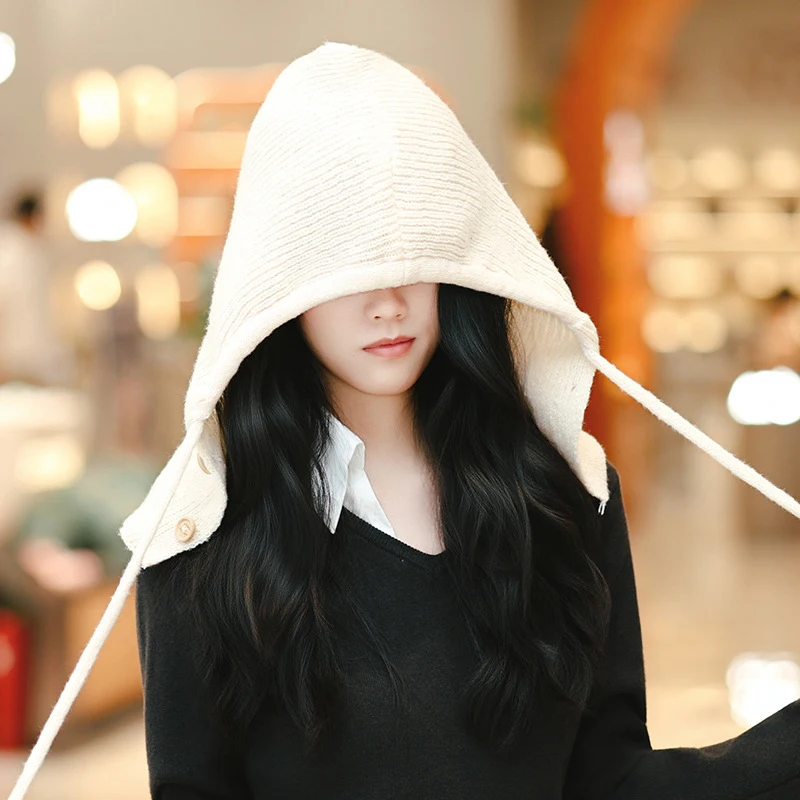 패션 솔리드 컬러 버튼 니트 모자 겨울 보온 방풍 후드 여성용