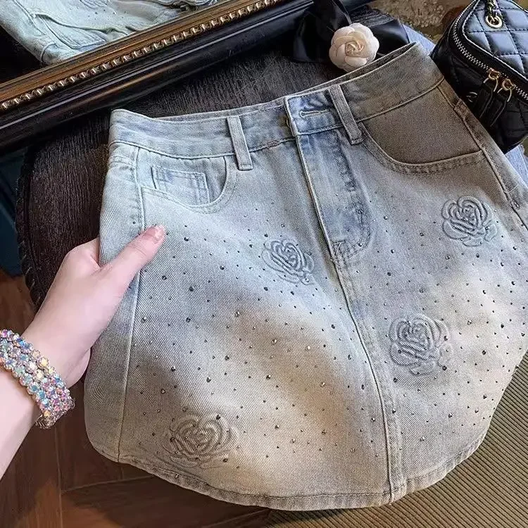 

Hot stamping denim short skirt, summer heavy-duty full diamond starry rose anti glare A-line hip wrap skirt