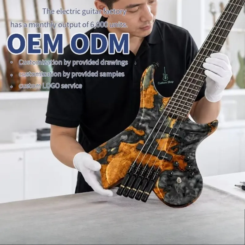 5 String Headless Bass Resin Burl Top Roasted Maple Neck Stainless Steel Frets Active Bass Wholesale