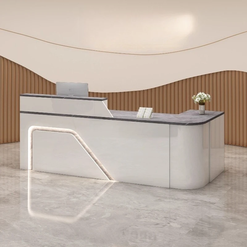 

Современные изогнутые стойки ресепшн для салонов и ресторанов с выдвижными ящиками – лучшая трендовая мебель для магазинов