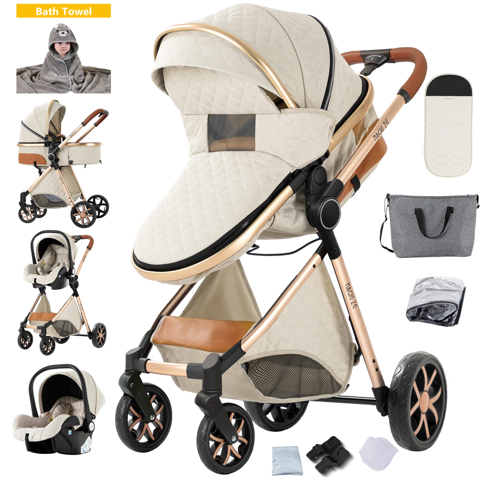 Lichtgewicht vierwielige kinderwagen, babyaccessoires, lichtgewicht 3-in-1 kinderwagen, draagmand voor pasgeborenen.