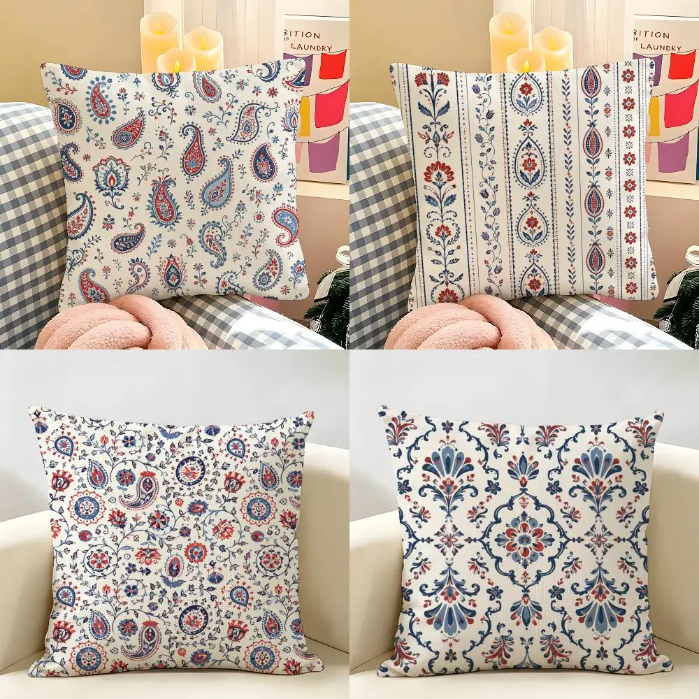 Turkish Red Blue Small Flower Art Cushion Cover Natural Linen Fabric Double-Sided Printing Breathable Perfect For Home Decor