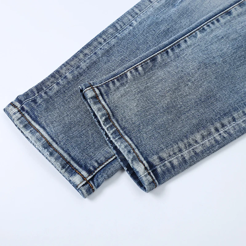 Y2k High Street แฟชั่นกางเกงยีนส์ใหม่ทาสีพับ Patchwork ล้าง Nostalgic ยืด SLIM FIT Light Blue ทาสีพับ Jean