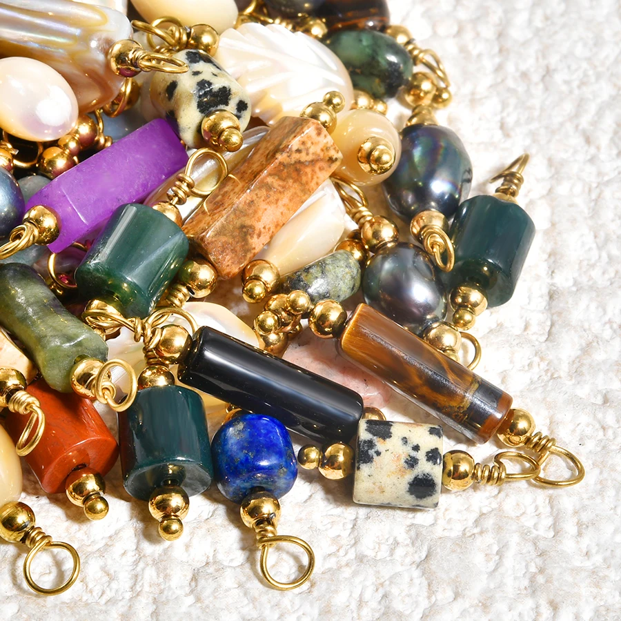 2 Stück natürliche Perlen-Steinanhänger für Schmuckherstellung, Vintage-Ethno-Anhänger, Obsidian, Blaustein, Tigerauge, Charm-Materialien – Detail 2