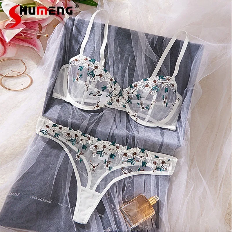 

Sheer Embroidery Sexy Lingerie for Women Ultra Thin Cup Bra Set with Underwire Female Large Bust Underwear Brief Suits