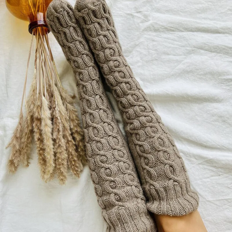 Solid Color Cable Knit Over Knee Socks Women Twisted Rope Warm Thigh High Stacking Socks with Pom Pom Drawstring