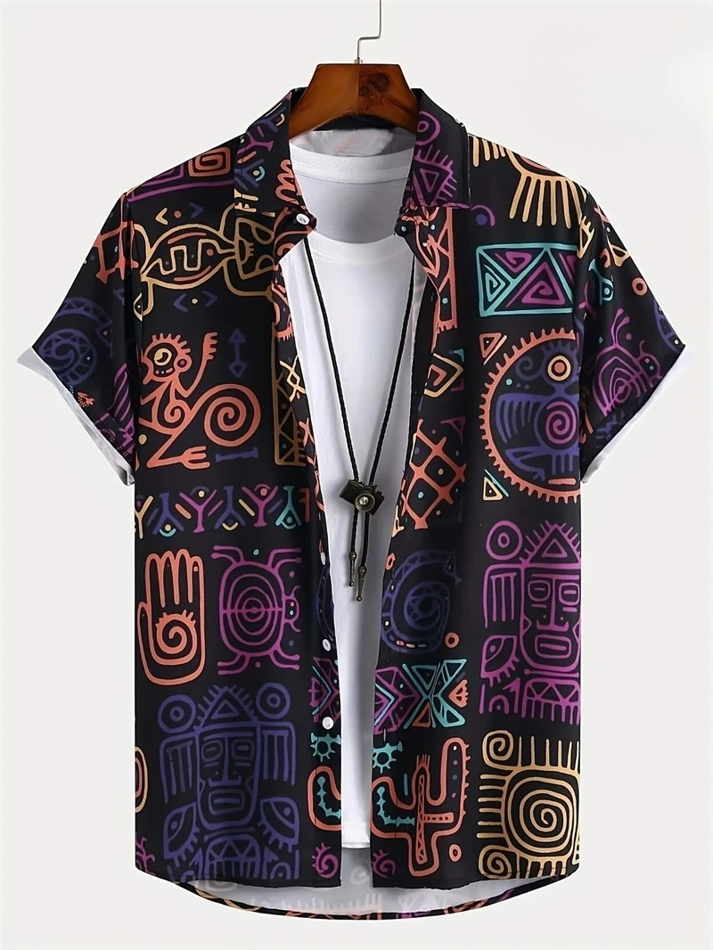 Hawaiian men's shirt 3D Paisley pattern short sleeved T-shirt casual Lapel button autumn and winter Bohemian men's T-shirt