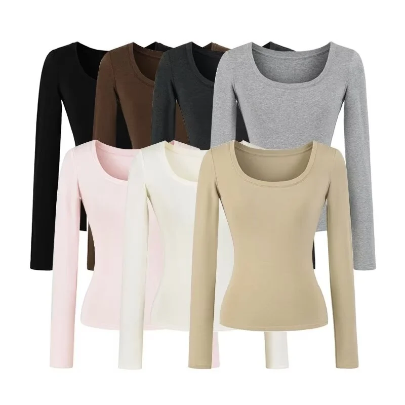 Slim Fit Lang Sve T-shirt Dames Basic Sle Vierkante kraag Elastisch Bodycon Casual Faion Plus Size Afslankende basislaag Top