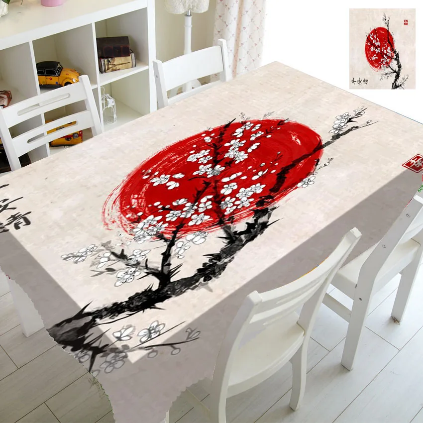 Traditional Japanese Cherry Blossom Tree Ink Painting Tablecloth Table Cover Cloth for Rectangle Tables Sakura Flower Home Decor
