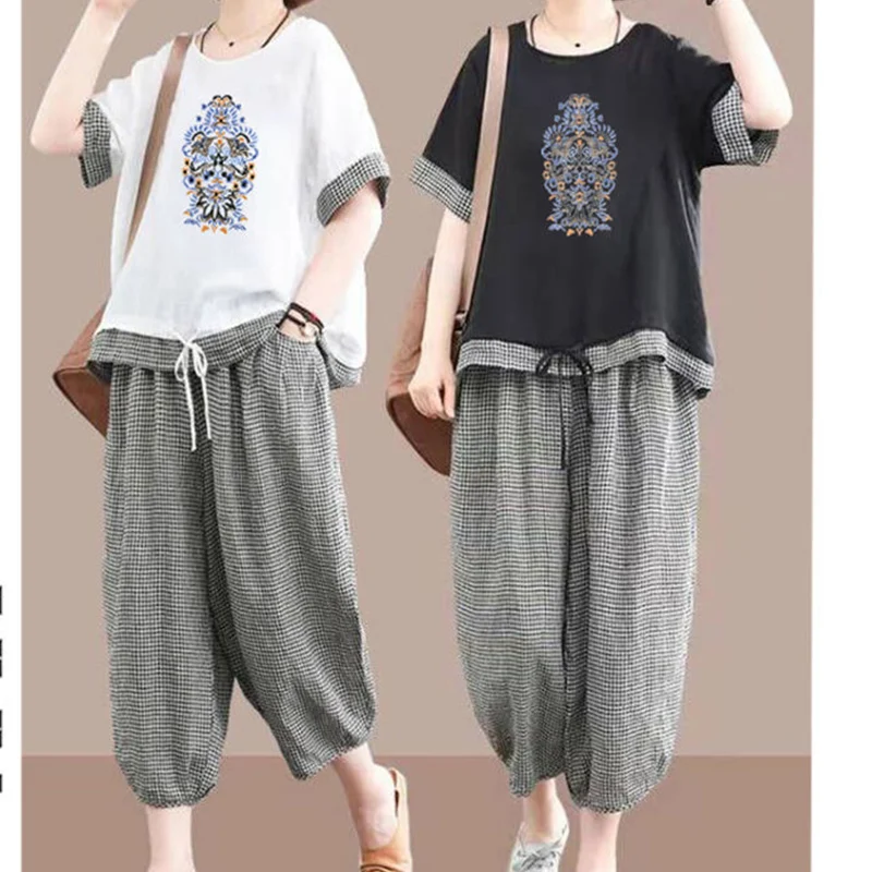 

Indie Folk Casual Fashion Matching Sets Summer New Loose Oversized Flax Plaid Two-piece Suit Women Shirring Elastic Waist Sets