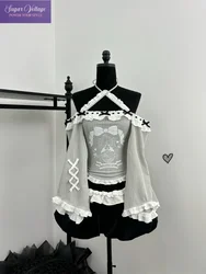 Conjunto de 2 piezas de Lolita exquisito único para mujer, dulce un hombro, cuello oblicuo, estampado de dibujos animados, Tops ajustados, Falda corta de calabaza con cintura alta