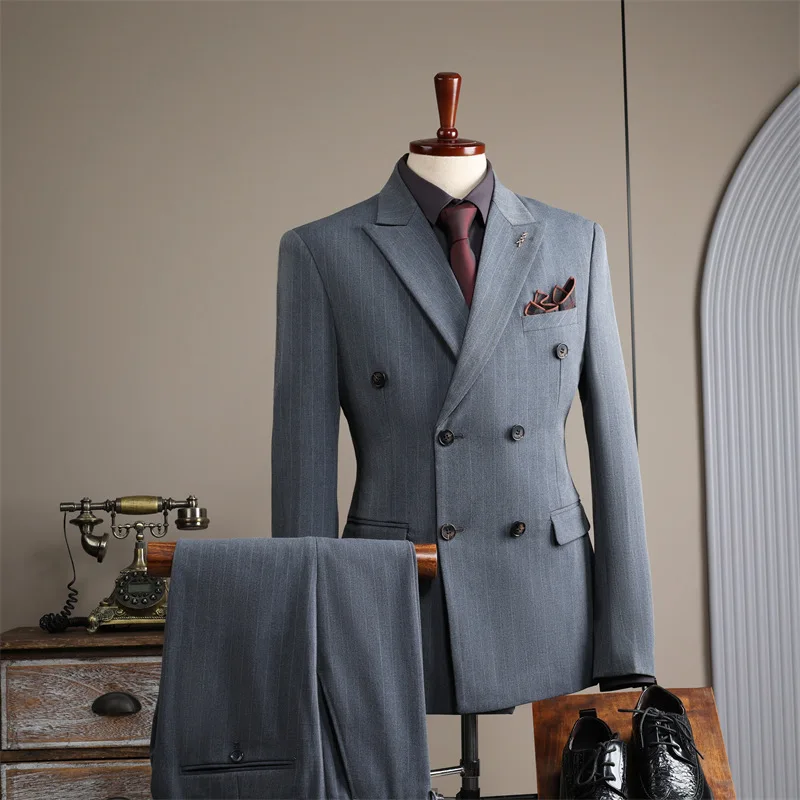 

Man 2-piece Suit Set Turn Down Collar Striped Double-breasted Blazer Male Straight-leg Pant Men British Style Business Outfit