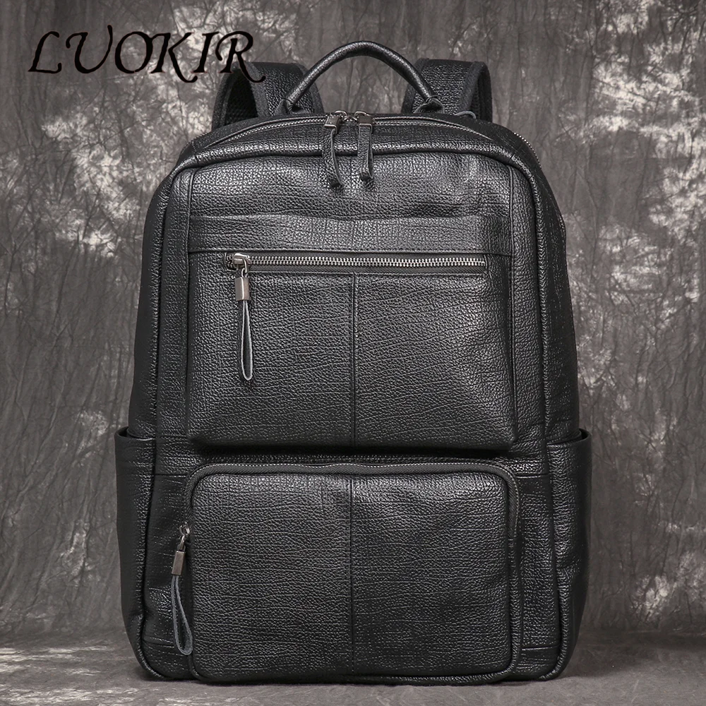 LUOKIR Men's Genuine Leather Backpack Business Travel Bag Top Layer Cowhide Travel Backpack Bison Pattern Laptop Bag School Bag