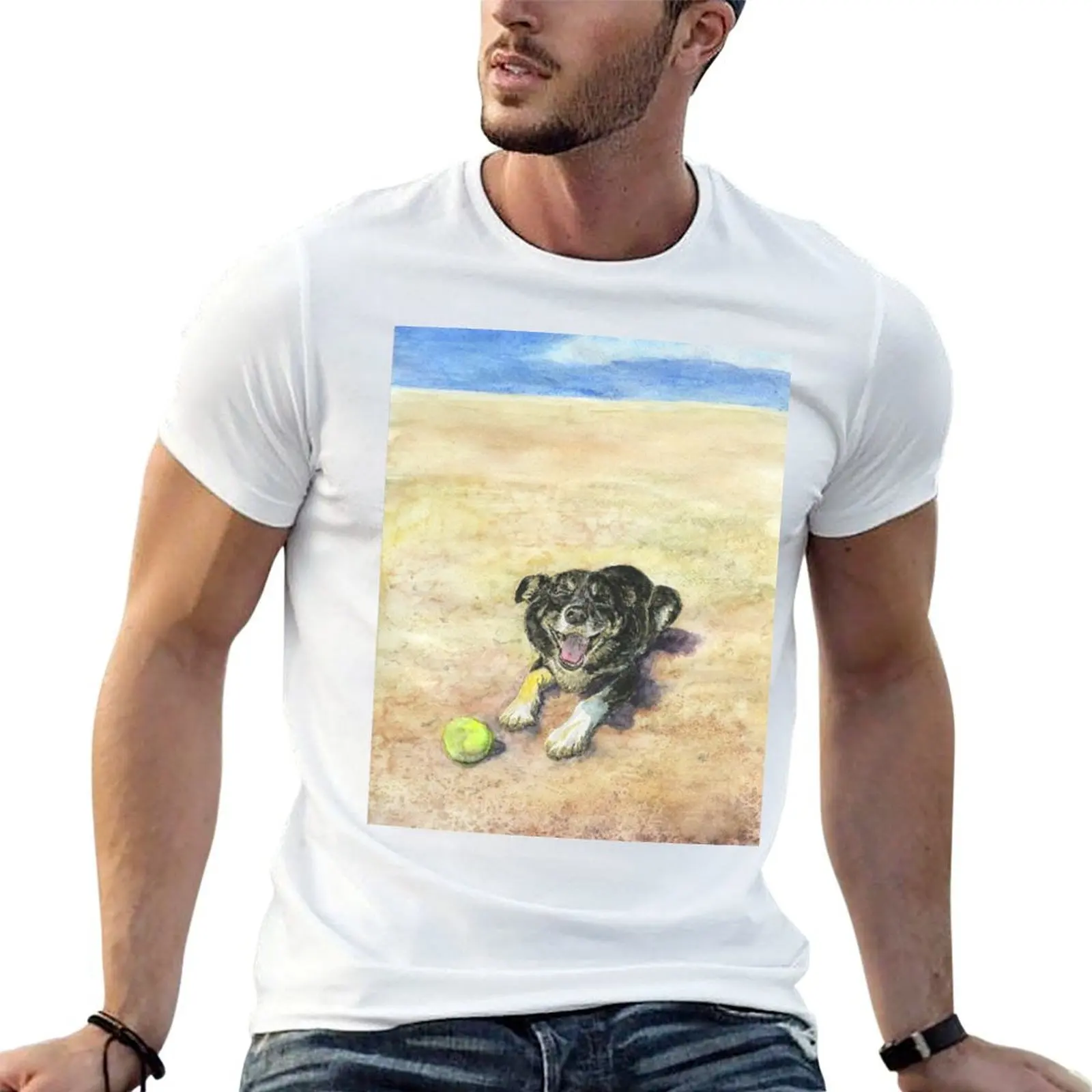 

man t T-Shirt is cotton border a collie ball the on the tennis with a shirt dog happy Harry beach