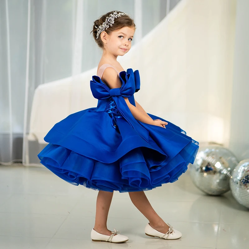 Eightree Customized Formal Dress For Girl Flower Bow Flower Satin Girls Dress Short Sleeve Kids Birthday Christmas Princess Gown