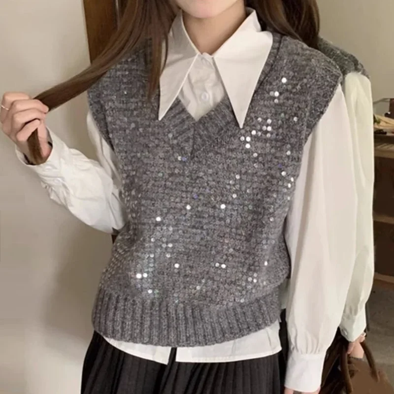 

Women Knitted Sleeveless Sweater New Spring Clothes Sequin Sweater Vest Ladies Waistcoat V-Neck Knitted Pullover Tops JJ105