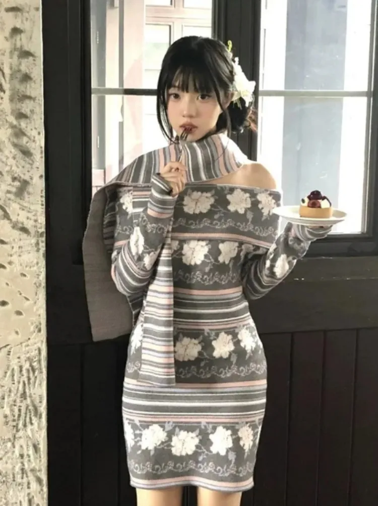 Y2k Dress Set Women Knitted Vintage Jacquard Sweater Dress Women Slim Off Shoulder Dresses + Scarf Aesthetic Mini Vestidos Cute