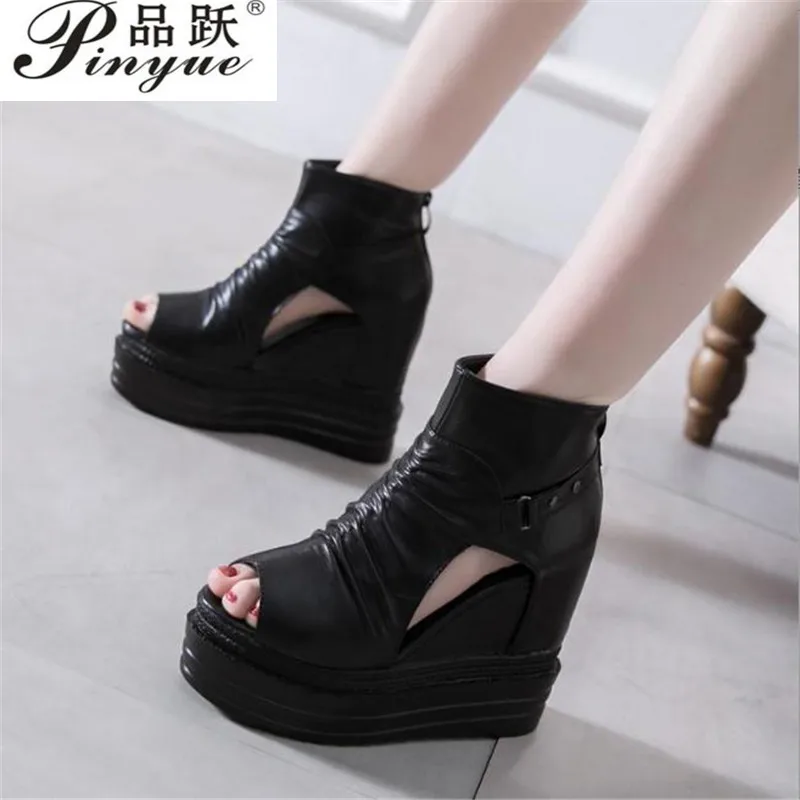 12CM High Quality Soft Leather Summer New Sandals High Heel Platform Sandal Boot Wedge Peep Toe Women\'s Shoes Hollow Roman Shoes