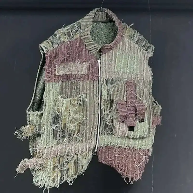 Men's Vest Washed Thick Camouflage Patchwork Zipper Personality Outdoor Summer Worn Out Vintage Versatile Waistcoat FNZ1