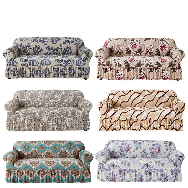 Floral Printed Elastic Sofa Cover with Skirt Hem Non-Slip Seat Cushion with Elastic Band All-Cover Couch Covers for All Seasons