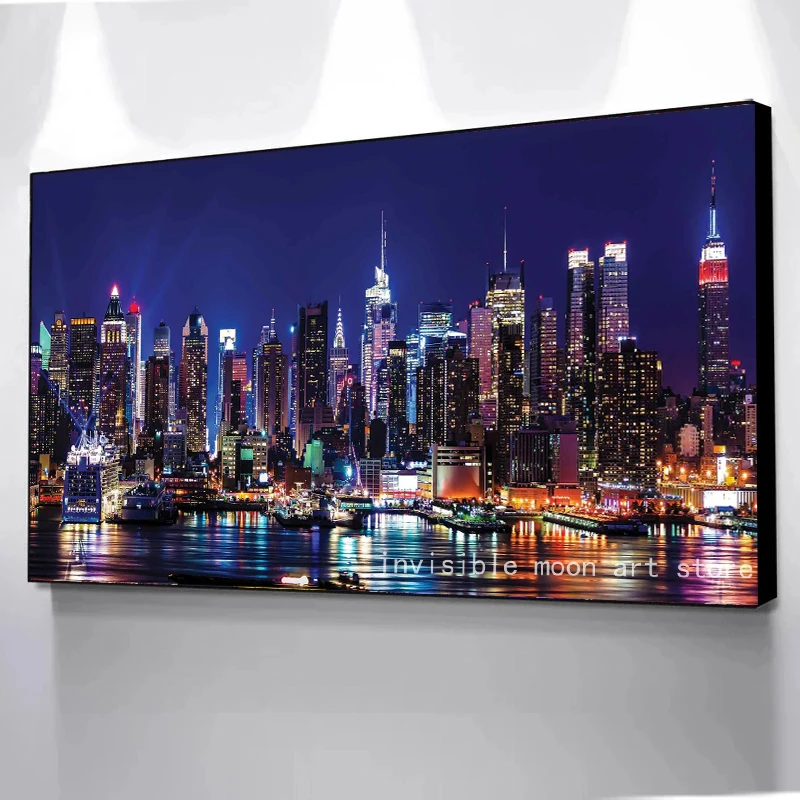 Modern Fashion New York City Building Night Scene Art Poster Canvas Painting Wall Prints Picture for Living Room Home Decor Gift