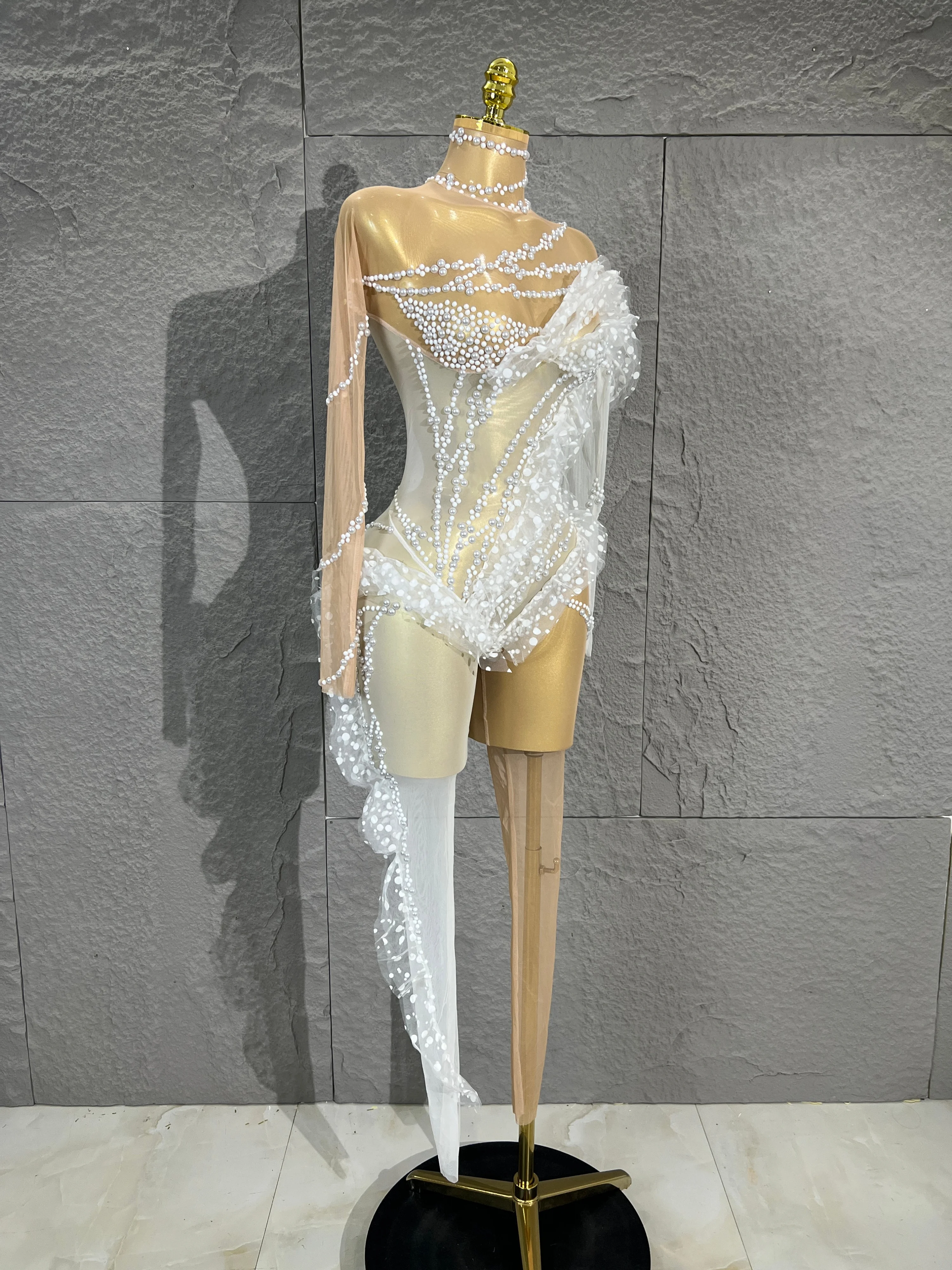 Luxury Pearls Rhinestone Mesh Bodysuit Single shoulder Ruffle Design AsymmetricalHem Women Show Stage DancePerformance Costume