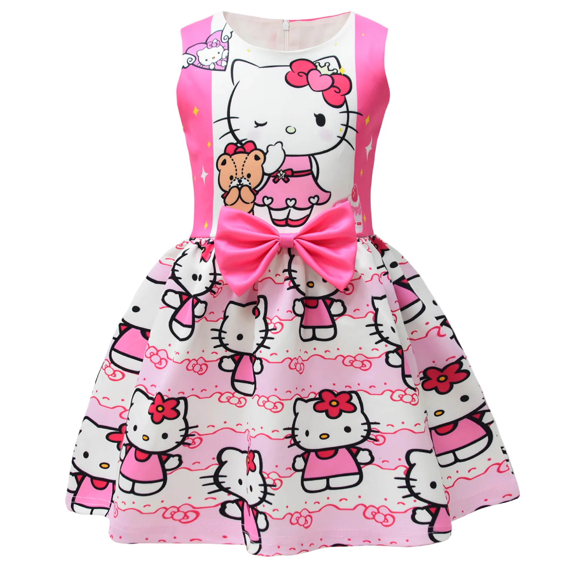 Hello Kitty Fashion Cartoon Children Sleeveless Pleated Dress Princess Dress for Girls Baby Birthday Christmas Party Dresses