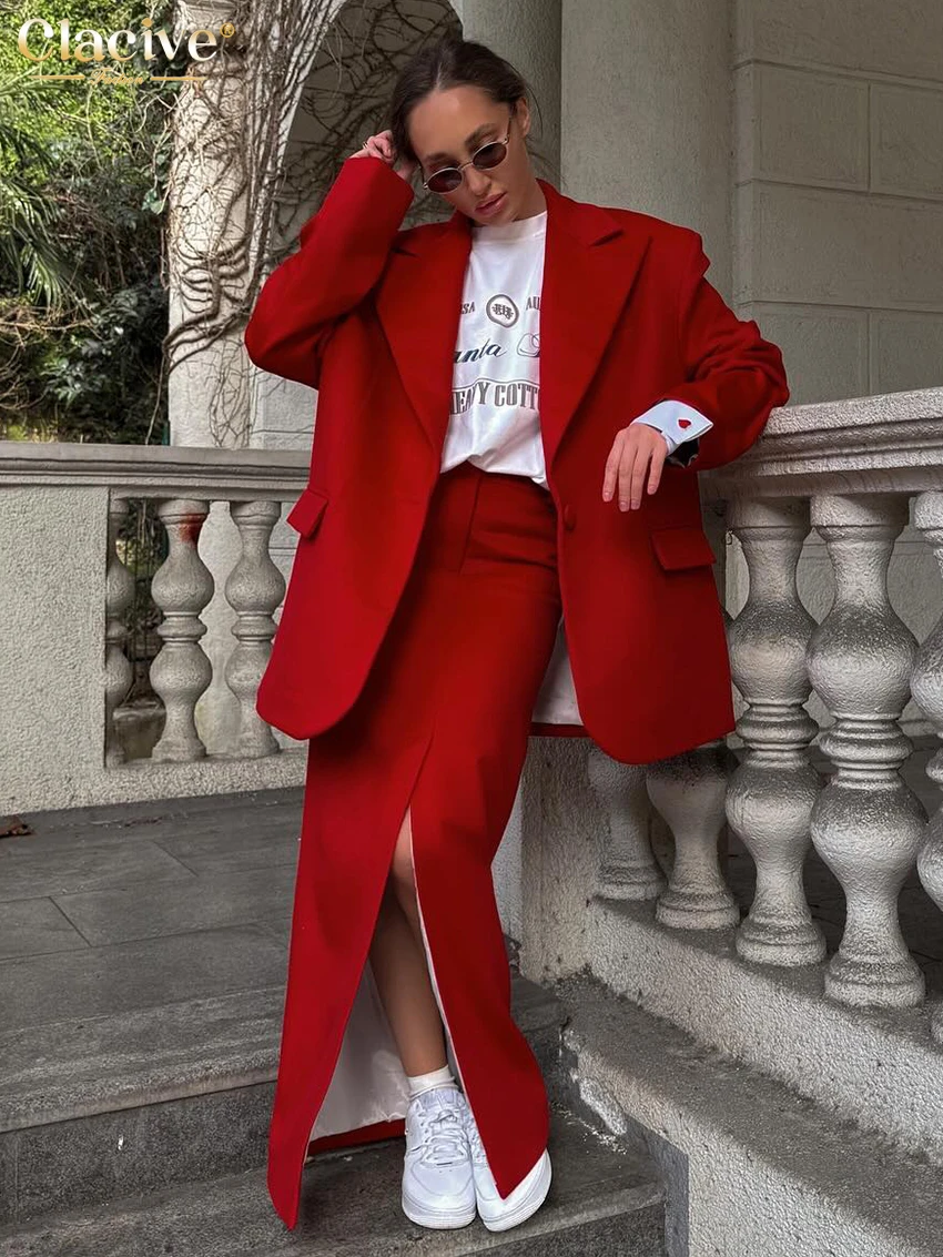 Clacive Fashion Loose Red Office Women\'s Two Pieces Set Elegant Long Sleeve Blazer With High Waist Slit Long Skirt Set Female