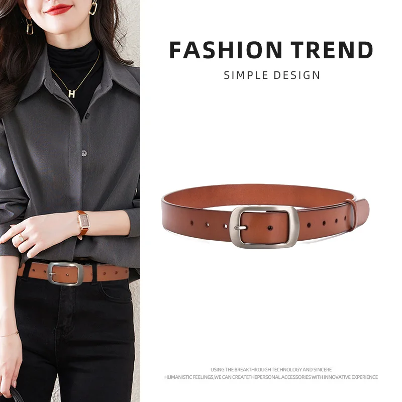 

Head layer cowhide women's leather belt denim belt with simple and niche design French needle for women's cross-border use