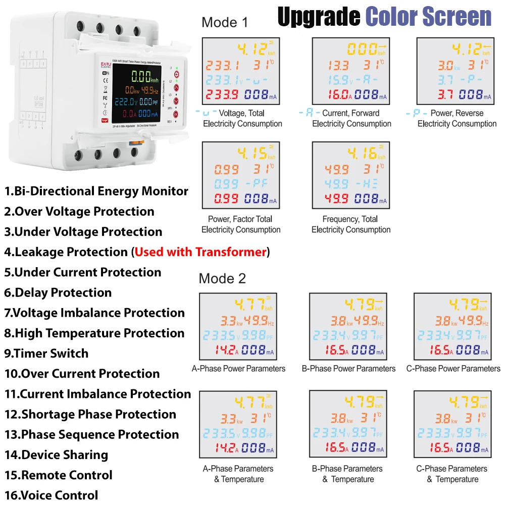 3P 100A Tuya WiFi Smart Bi-Directional Energy Power kWh Meter Leakage Over Under Voltage Protector Relay Switch Current Limit