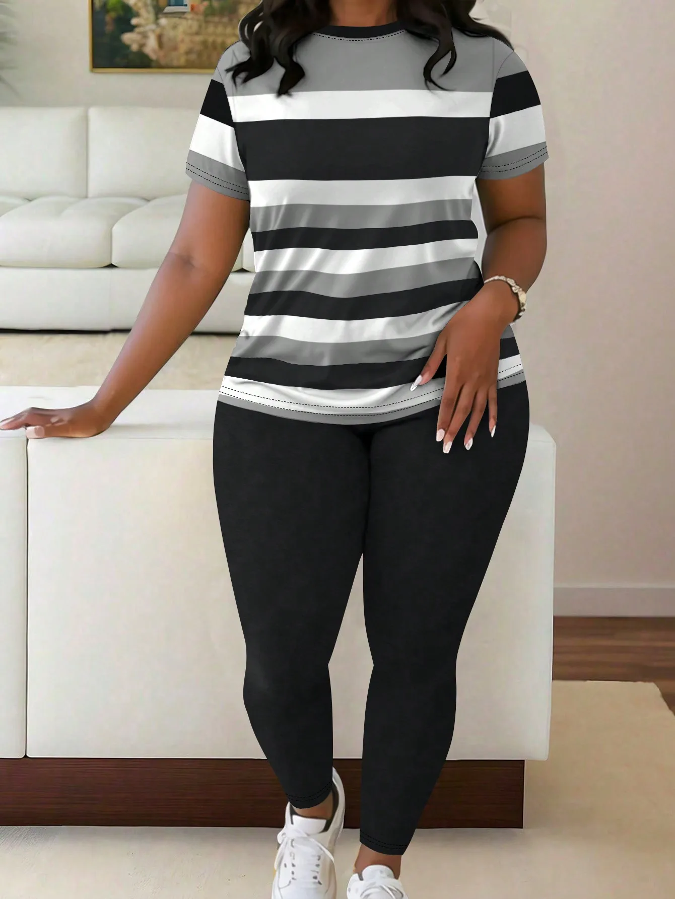 Plus Size Striped T-Shirt & Leggings 2-Piece Set, Casual Slimming Outfit for Women