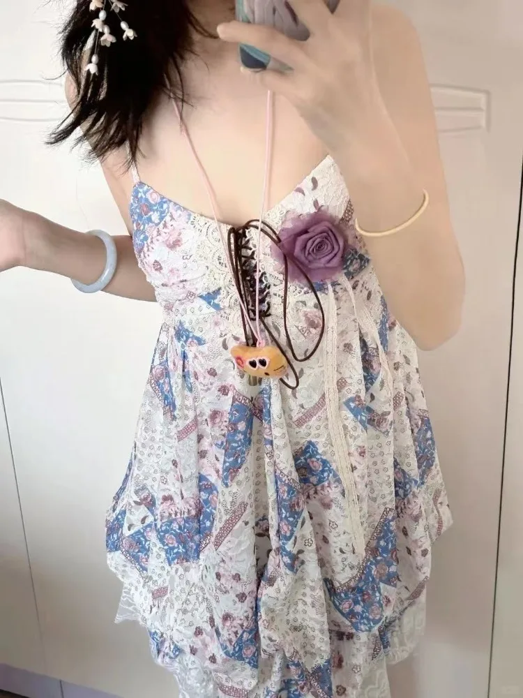 Nowa Letnia Słodka Kawaii Damska Sukienka Vintage Japońska Dziewczęca Styl Y2K na Imprezę Plażową Kwiatowy Wzór Codzienna Lekka Odzież