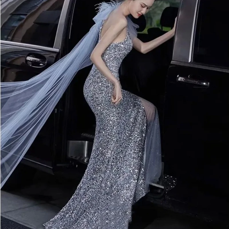 Elegant Mermaid Evening Dresses for Women Luxury Formal Long Party Dress Cocktail Wedding Dress With Sequins One Shoulder Dress