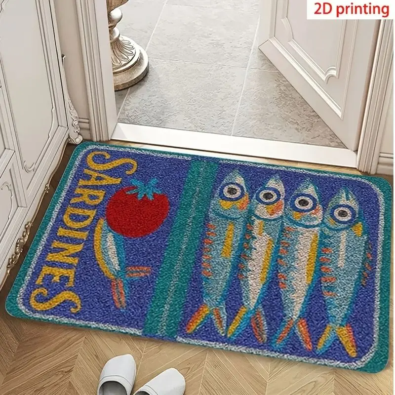 VIKAMA Fish Tin Print Small Rug Retro Blue White Gingham Check Mat Soft Washable Non Slip Floor Pad Entryway Home Decor