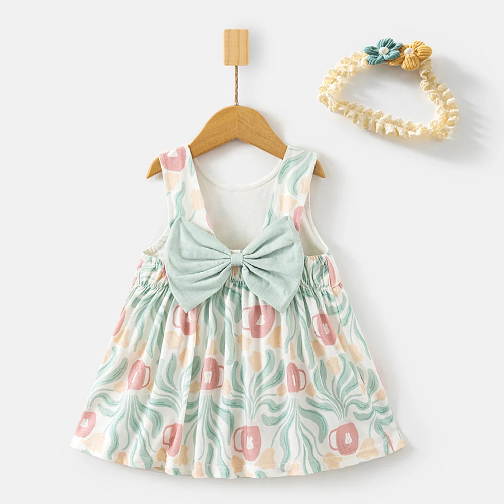 Baby Girl Summer Dress Sleeveless Cotton Big Bow Backless Fashion Princess First Birthday Infant Toddler Clothes With Headband