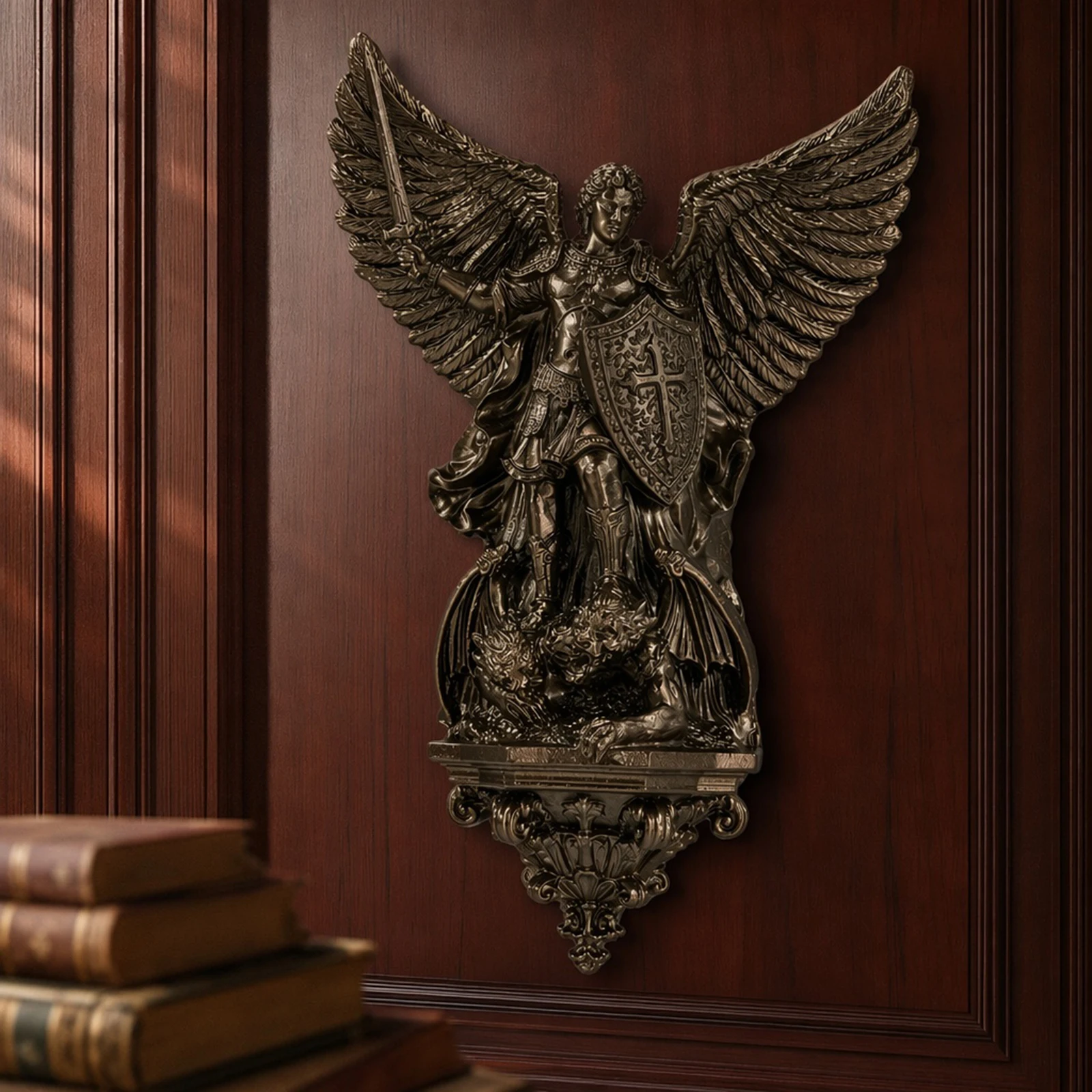 8inch/20cm Archangel Michael Wall Lamp Bronze Finish Modern Angel Gold Wall Lights (Battery Not Included) for Bedroom Living