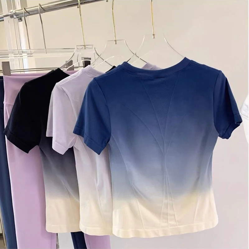 Women's Thin Quick Dry Yoga Fitness T-Shirt Short Sleeve Gradient Tight Elastic Sports Gym Top for All Seasons