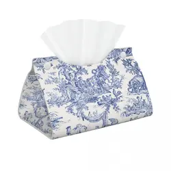 Custom Navy Blue Toile De Jouy Tissue Box Cover Rectangular PU Leather French Countryside Floral Facial Tissues Holder for Car