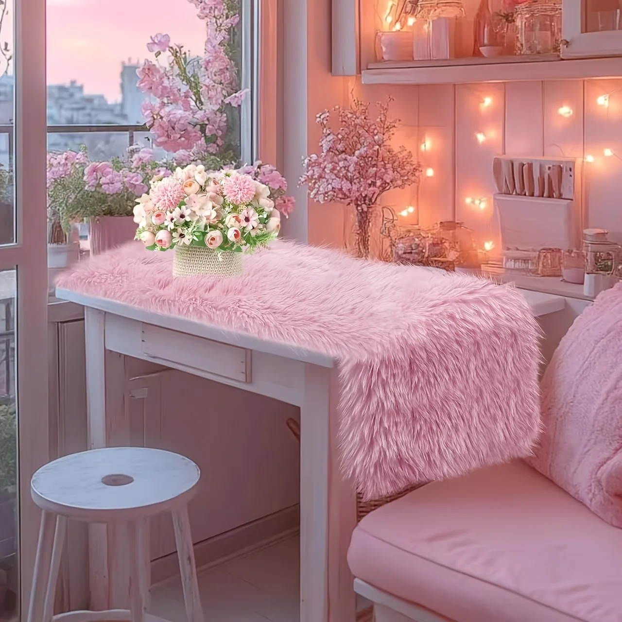 VIKAMA Pink Faux Fur Table Runner Soft Fluffy Plush Desk Mat for Vanity Dresser Makeup Table Home Tabletop Decor